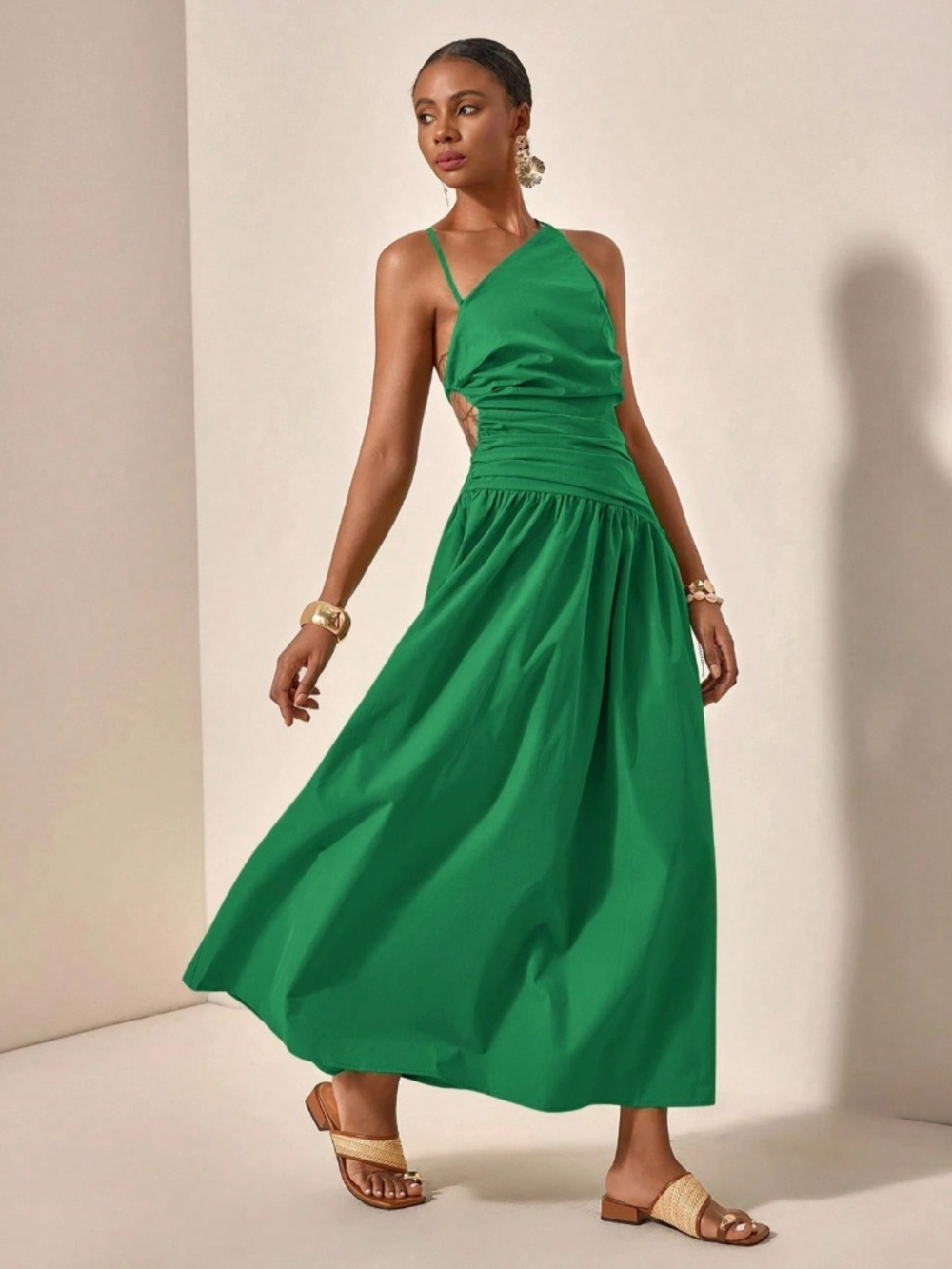 Asymmetrical Green Dress Cut Out Ruched Maxi Lace Up Back - Picture 3 of 8